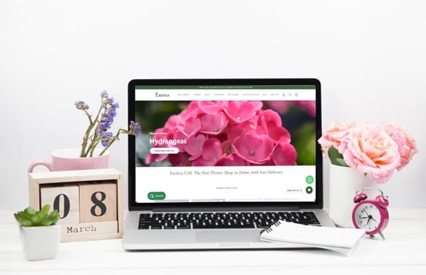 Exotica flower shop website displayed on a laptop showing hydrangea collection for online flower ordering