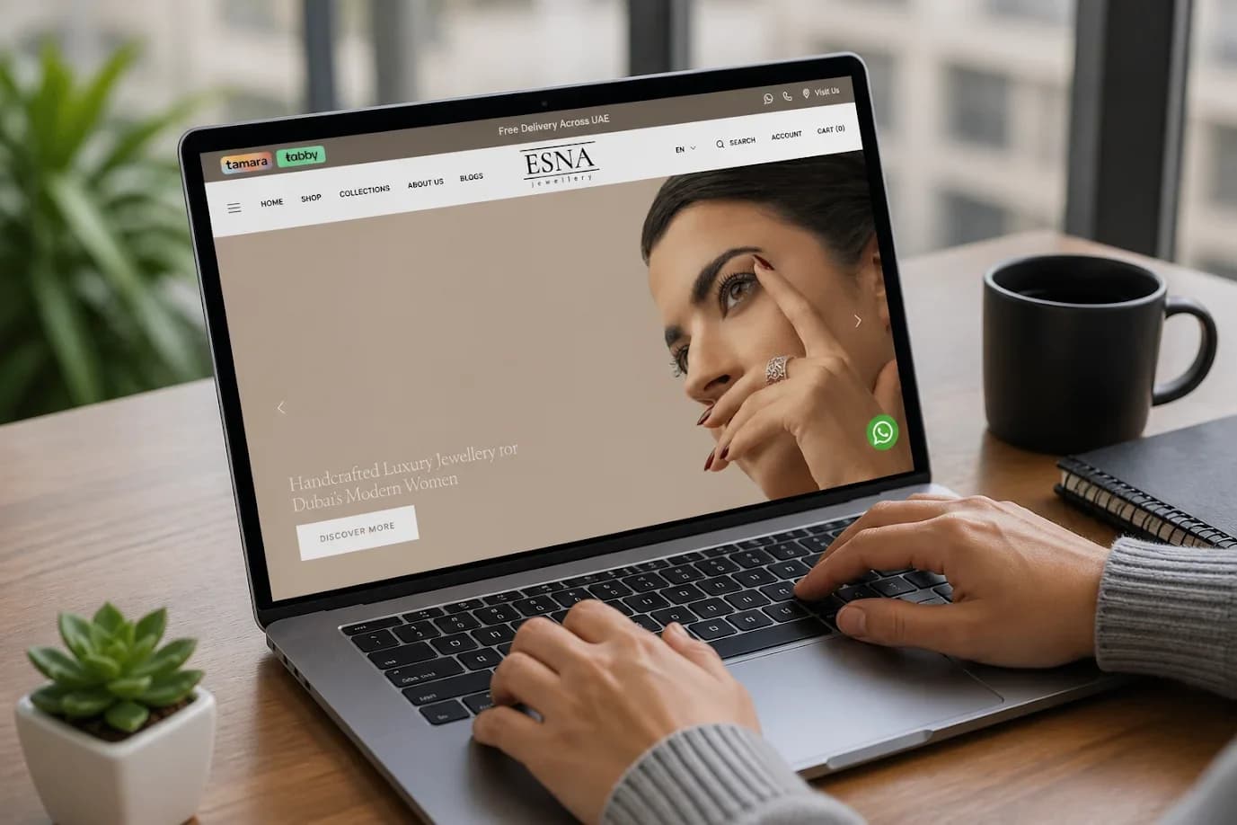 ESNA Jewellery Eid special offer banner showing gold and diamond rings on laptop and mobile screens with 10 percent discount promotion